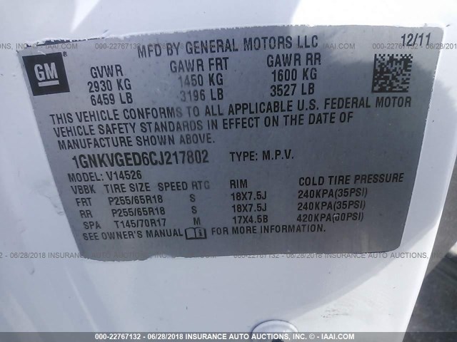 1GKER33D59J155649 - 2009 GMC ACADIA SLT-2 WHITE photo 9