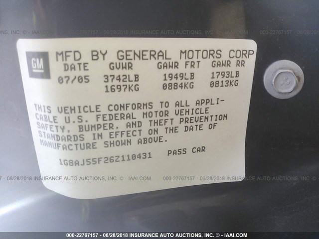 1G8AJ55F26Z110431 - 2006 SATURN ION LEVEL 2 SILVER photo 9