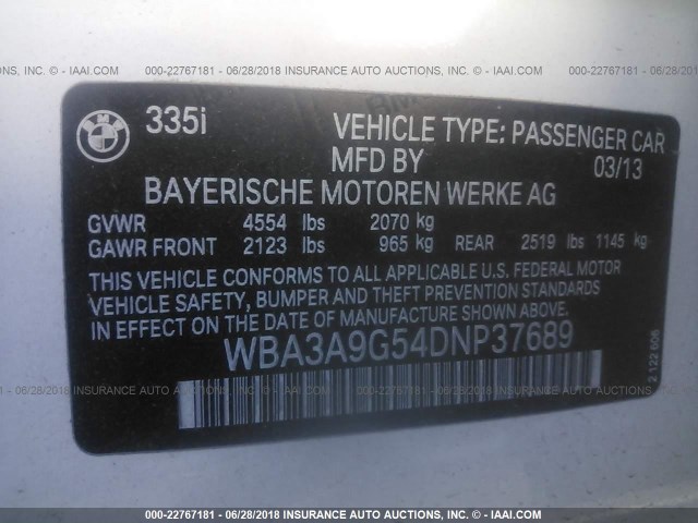 WBA3A9G54DNP37689 - 2013 BMW 335 I WHITE photo 9