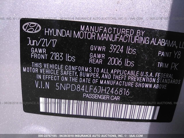 5NPD84LF6JH246816 - 2018 HYUNDAI ELANTRA SEL/VALUE/LIMITED SILVER photo 9