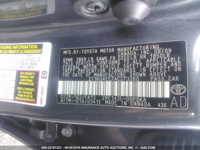 2T1KU4EE7AC273260 - 2010 TOYOTA COROLLA MATRIX  BLACK photo 9