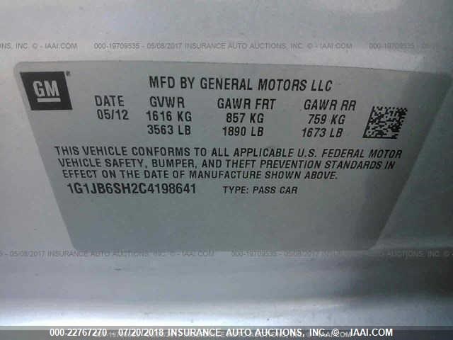 1G1JB6SH2C4198641 - 2012 CHEVROLET SONIC LS SILVER photo 9