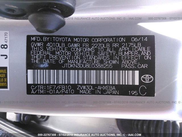 JTDKN3DU8E0388255 - 2014 TOYOTA PRIUS SILVER photo 9