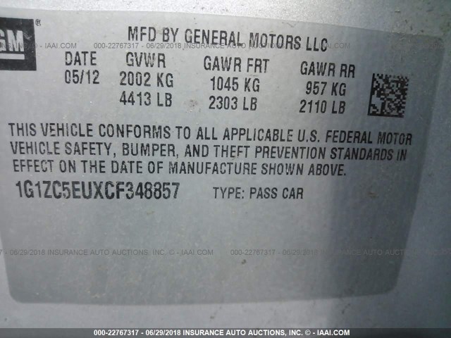 1G1ZC5EUXCF348857 - 2012 CHEVROLET MALIBU 1LT SILVER photo 9