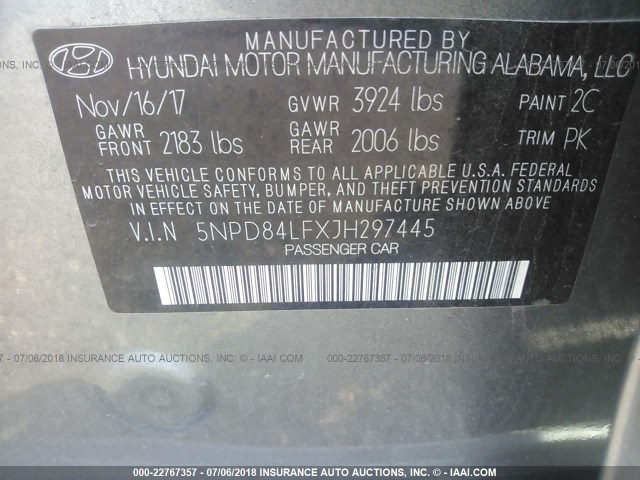 5NPD84LFXJH297445 - 2018 HYUNDAI ELANTRA SEL/VALUE/LIMITED GRAY photo 9