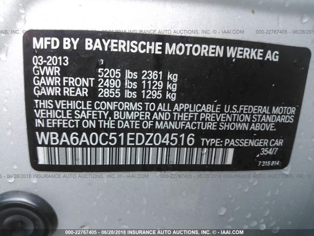 WBA6A0C51EDZ04516 - 2014 BMW 640 I/GRAN COUPE SILVER photo 9