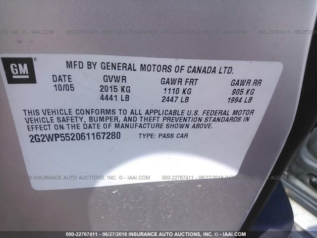 2G2WP552061167280 - 2006 PONTIAC GRAND PRIX SILVER photo 9