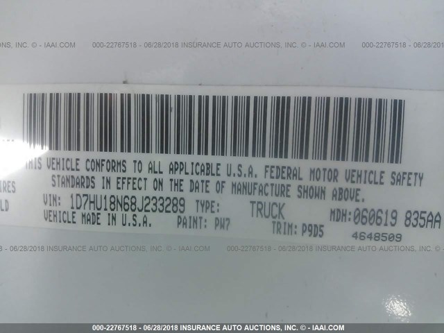 1D7HU18N68J233289 - 2008 DODGE RAM 1500 ST/SLT WHITE photo 9