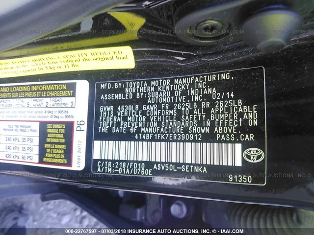4T4BF1FK7ER390912 - 2014 TOYOTA CAMRY L/SE/LE/XLE 黑色 照片 9
