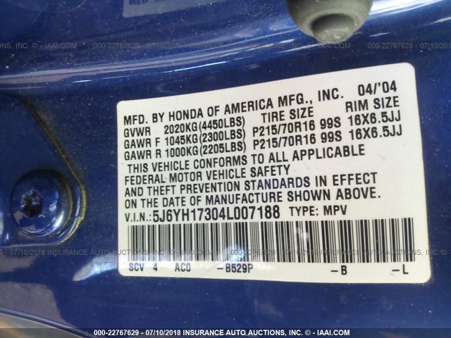 5J6YH17304L007188 - 2004 HONDA ELEMENT LX BLUE photo 9