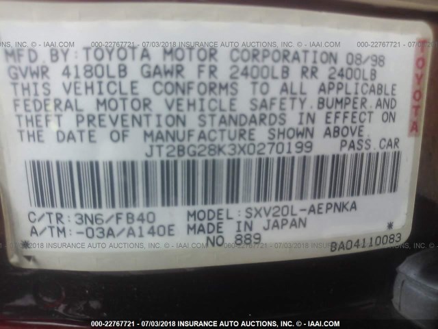 JT2BG28K3X0270199 - 1999 TOYOTA CAMRY LE/XLE Կարմիր լուսանկար 9