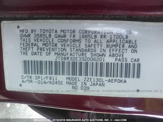 JTDBR32E332006201 - 2003 TOYOTA COROLLA CE/LE MAROON photo 9