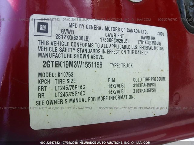 2GTEK19M3W1551158 - 1998 GMC SIERRA K1500 RED photo 9