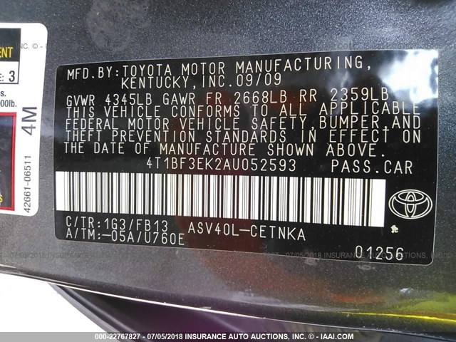 4T1BF3EK2AU052593 - 2010 TOYOTA CAMRY SE/LE/XLE GRAY photo 9