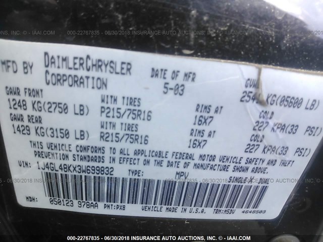 1J4GL48KX3W699832 - 2003 JEEP LIBERTY SPORT/FREEDOM შავი ფოტო 9