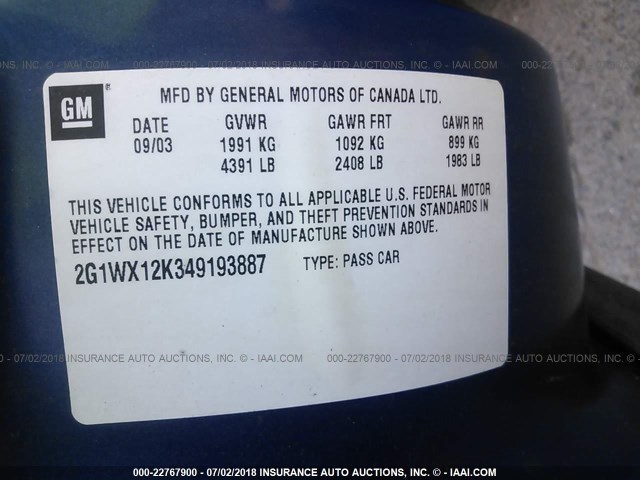 2G1WX12K349193887 - 2004 CHEVROLET MONTE CARLO SS ლურჯი ფოტო 9