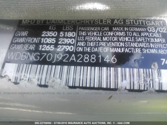 WDBNG70J92A288146 - 2002 MERCEDES-BENZ S 430 SILVER photo 9