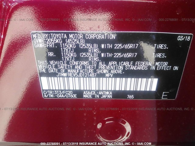 JTMWFREV5JD121487 - 2018 TOYOTA RAV4 ADVENTURE/XLE RED photo 9