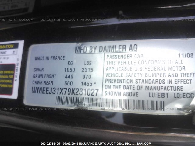 WMEEJ31X79K231027 - 2009 SMART FORTWO PURE/PASSION BLUE photo 9