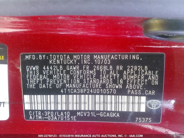 4T1CA38P24U010570 - 2004 TOYOTA CAMRY SOLARA SE/SLE წითელი ფოტო 9