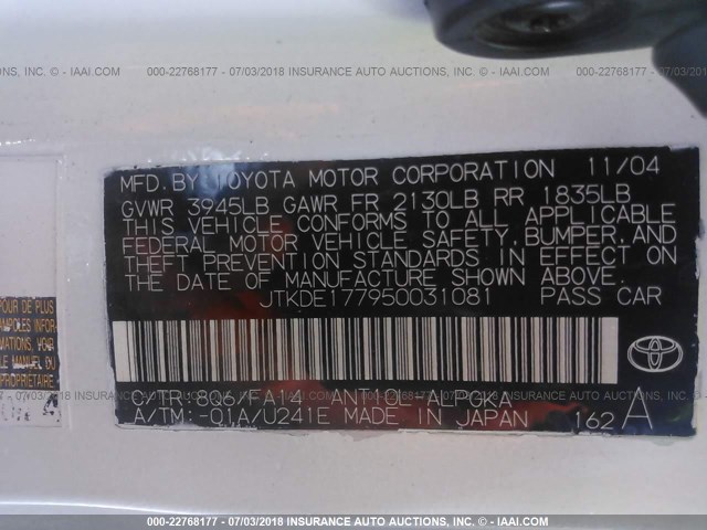 JTKDE177950031081 - 2005 TOYOTA SCION TC 白色 照片 9