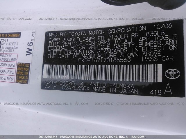 JTKDE167170185563 - 2007 TOYOTA SCION TC 白色 照片 9