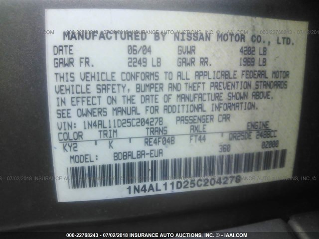 1N4AL11D25C204278 - 2005 NISSAN ALTIMA S/SL SILVER photo 9