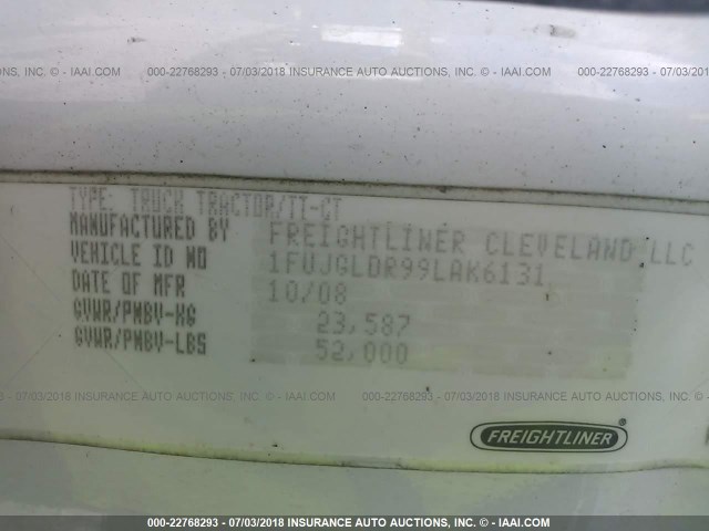 1FUJGLDR99LAK6131 - 2009 FREIGHTLINER CASCADIA 125  WHITE photo 10