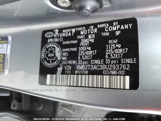 KM8JT3AC3BU293762 - 2011 HYUNDAI TUCSON GL/GLS SILVER photo 9