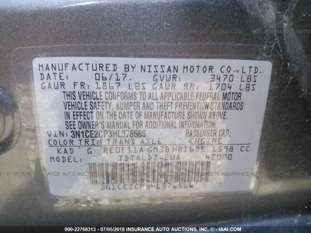 3N1CE2CP3HL376566 - 2017 NISSAN VERSA NOTE S/S PLUS/SV/SL/SR GRAY photo 9