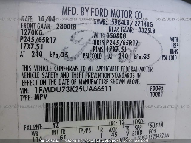 1FMDU73K25UA66511 - 2005 FORD EXPLORER XLT/XLT SPORT/NBX 白色 照片 9