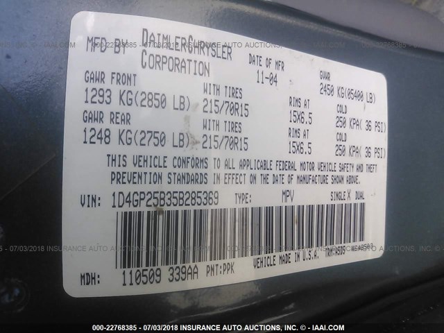 1D4GP25B35B285369 - 2005 DODGE CARAVAN SE GRAY photo 9