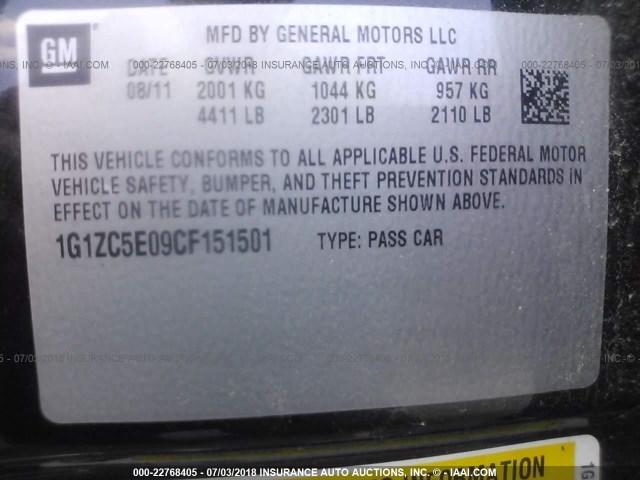 1G1ZC5E09CF151501 - 2012 CHEVROLET MALIBU 1LT 黑色 照片 9