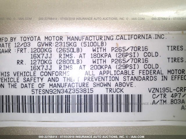 5TESN92N34Z353815 - 2004 TOYOTA TACOMA XTRACAB PRERUNNER ოქროსფერი ფოტო 9