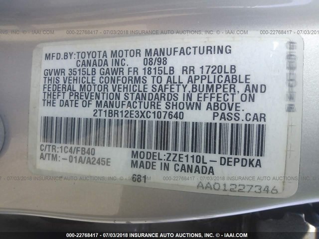 2T1BR12E3XC107640 - 1999 TOYOTA COROLLA VE/CE/LE SILVER photo 9