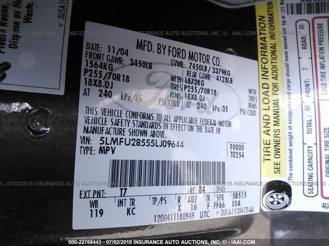 5LMFU28555LJ09644 - 2005 LINCOLN NAVIGATOR Gri fotoğraf 9