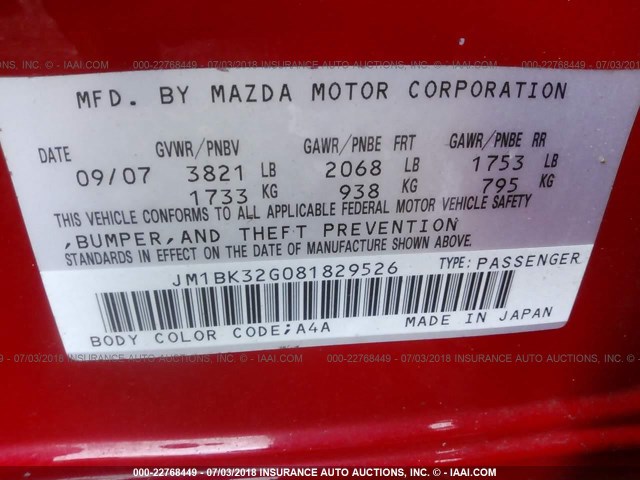 JM1BK32G081829526 - 2008 MAZDA 3 I RED photo 9