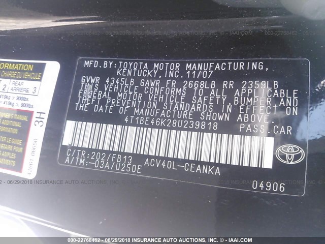 4T1BE46K28U239818 - 2008 TOYOTA CAMRY CE/LE/XLE/SE BLACK photo 9