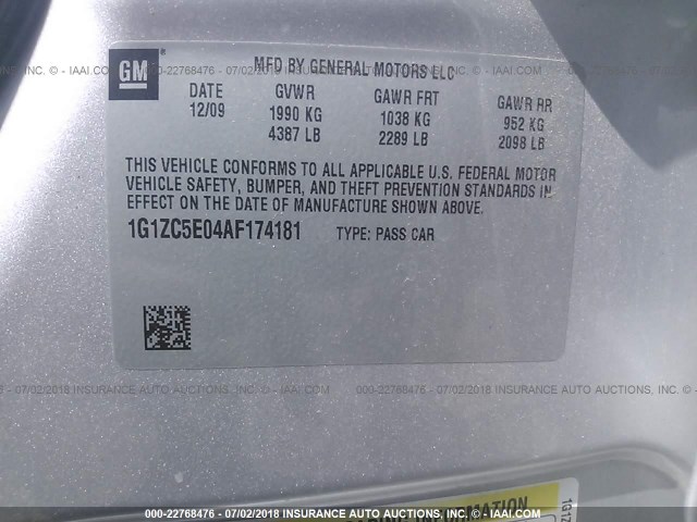 1G1ZC5E04AF174181 - 2010 CHEVROLET MALIBU 1LT ვერცხლისფერი ფოტო 9