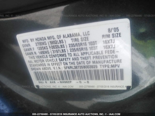 5FNRL38726B003929 - 2006 HONDA ODYSSEY EXL GRAY photo 9