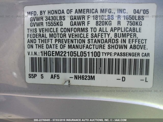 1HGEM22105L051100 - 2005 HONDA CIVIC DX VP SILVER photo 9