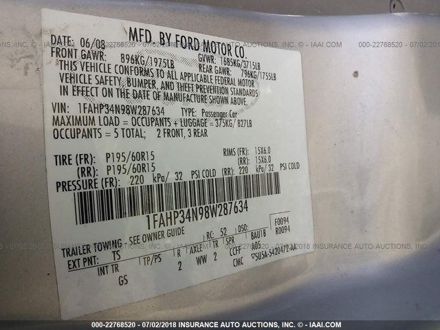 1FAHP34N98W287634 - 2008 FORD FOCUS S/SE SILVER photo 9