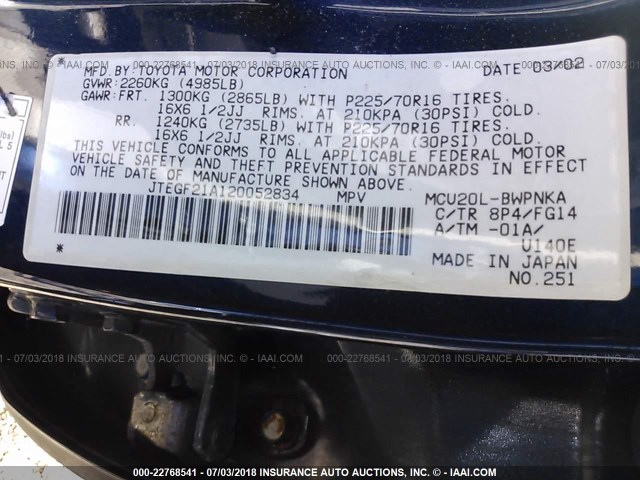 JTEGF21A120052834 - 2002 TOYOTA HIGHLANDER LIMITED BLUE photo 9