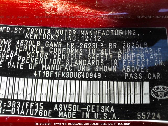 4T1BF1FK9DU640949 - 2013 TOYOTA CAMRY L/SE/LE/XLE 红色 照片 9