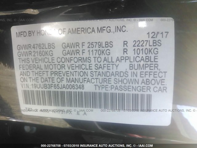 19UUB3F65JA006348 - 2018 ACURA TLX TECH+A/TCH+AR BLACK photo 9