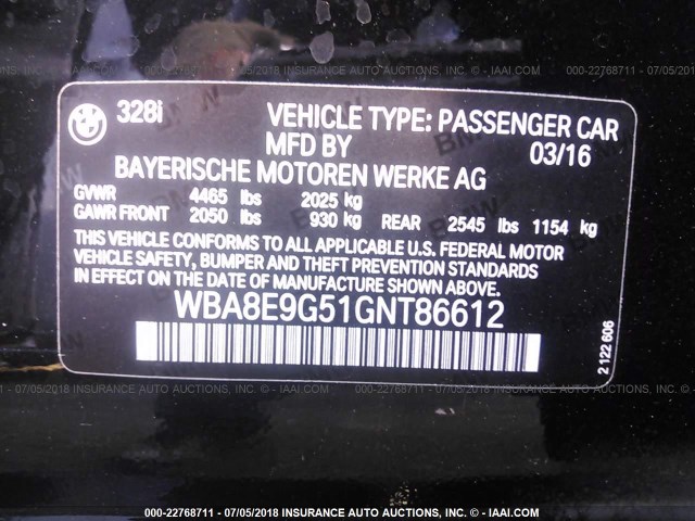 WBA8E9G51GNT86612 - 2016 BMW 328 I SULEV BLACK photo 9