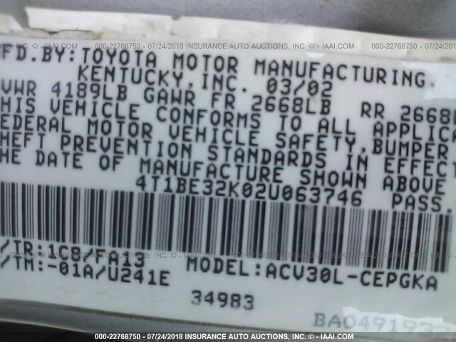 4T1BE32K02U063746 - 2002 TOYOTA CAMRY LE/XLE/SE 灰色 照片 9