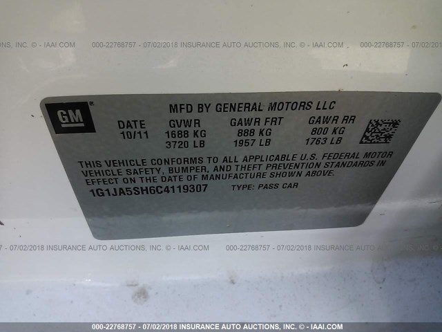 1G1JA5SH6C4119307 - 2012 CHEVROLET SONIC LS 白色 照片 9