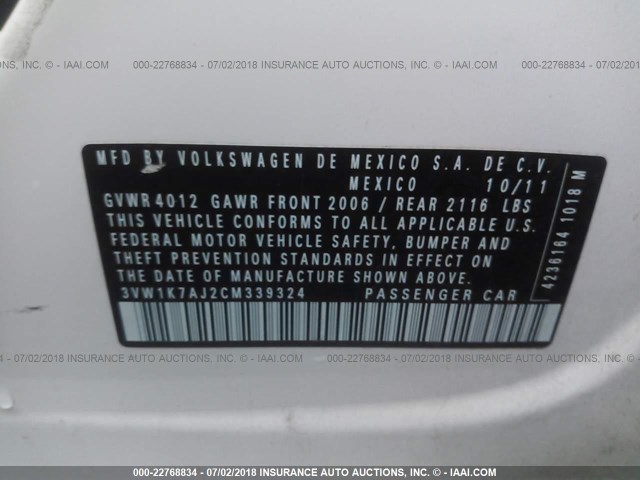 3VW1K7AJ2CM339324 - 2012 VOLKSWAGEN JETTA S Ağ foto 9