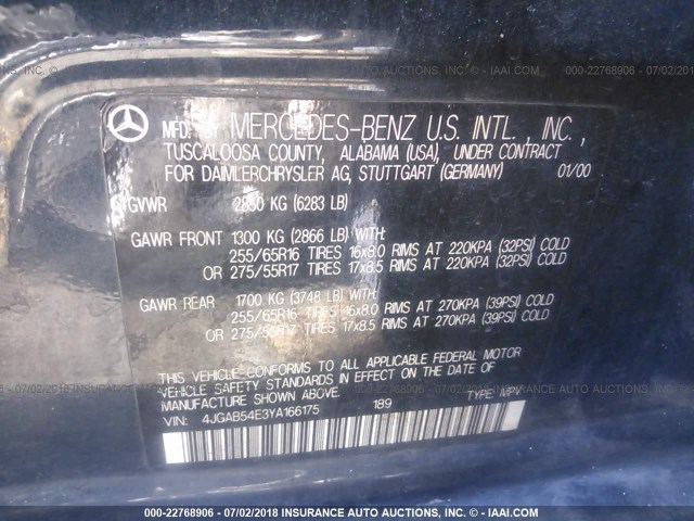 4JGAB54E3YA166175 - 2000 MERCEDES-BENZ ML 320 BLACK photo 9